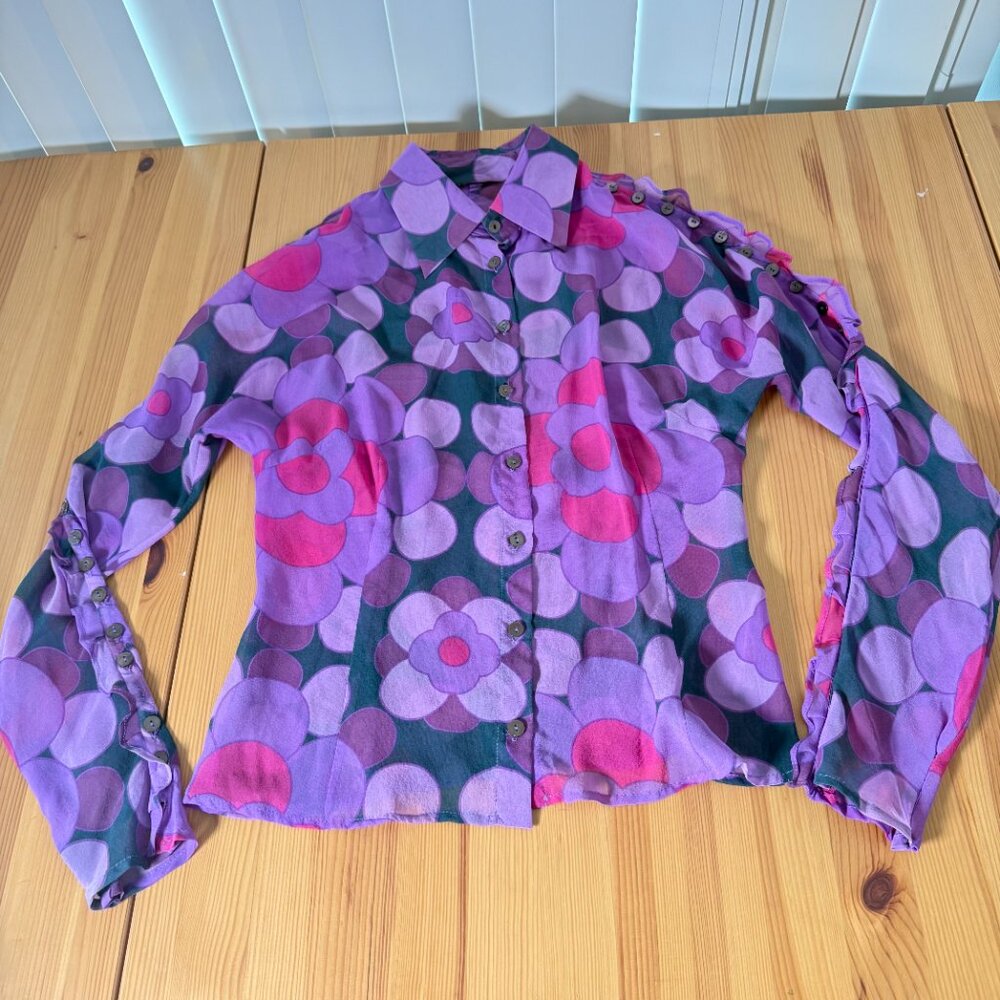 Women's Sheer Geometric Floral Purple Button Down Shop Maximalist Y2K 90s XS - Picture 4 of 10